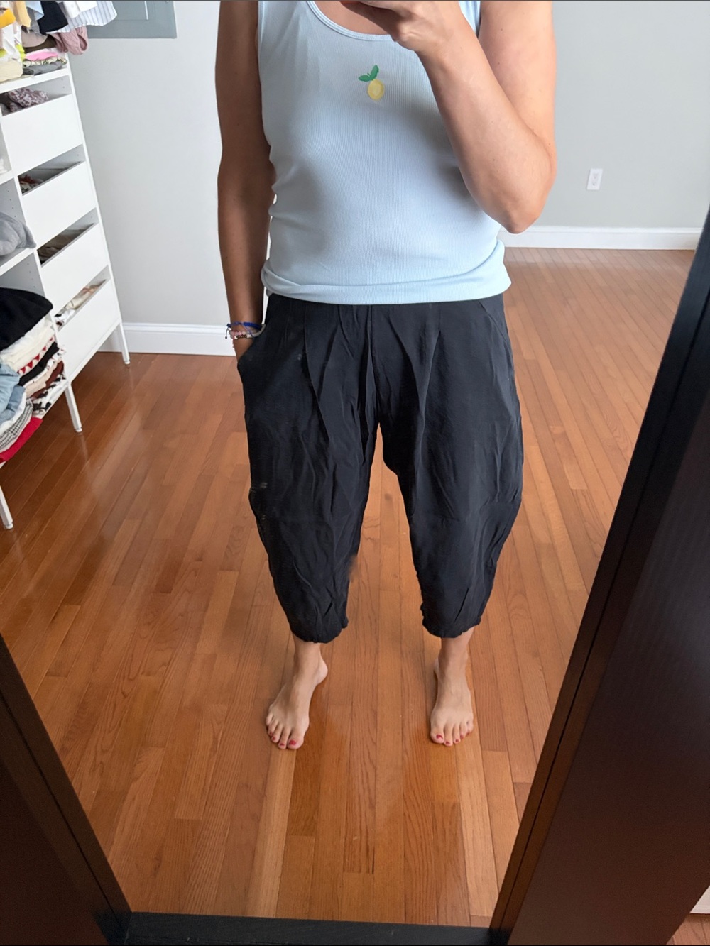 Black , medium size, barrel pants.